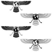 Faravahar symbol, winged sun disk, symbol of Zoroastrian religion, winged disk with planet earth vector