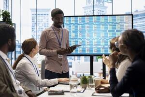 In a multinational company, advisory board meeting to discuss global strategies and work on finance planning. Managers ensuring the integration of development to drive profitability. photo