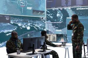 Intelligence experts in a control room managing surveillance operations, analyze real time data and coordinate security measures. Protecting national interests with cctv satellite radar. photo