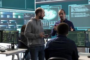 Cyber security team conducting cyber surveillance in a governmental control room. Experts group hacking activities, malware protection and data breach prevention in high tech agency. photo
