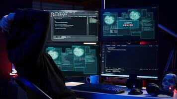 Hacker receiving access denied error message after being contracted by company in secret to do corporate espionage and steal information on competitor products to gain marketplace advantage, camera B photo