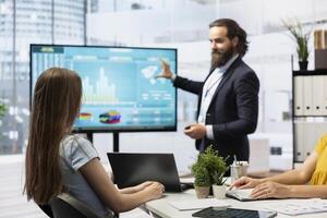 Financial advisor guiding mother and daughter in trading shares and making informed investment decisions. Agent using large display to do presentation on buying and selling stocks to optimize returns photo