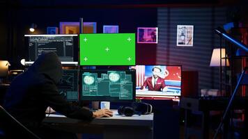 Spy using green screen PC in secret hideout to steal valuable data by hacking, getting attacks rejected by security. Hacker using mockup monitor seeing access denied error message, camera B photo