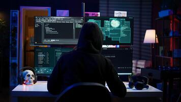Malicious man hacking, stealing credit card numbers and manipulating banking systems for own personal gain. Evil hacker running code in apartment on computer monitor, camera B photo