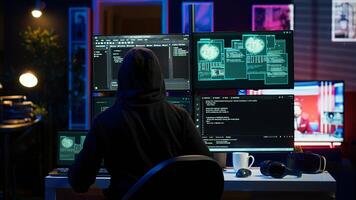 Hacker arriving in hidden underground shelter, prepared to launch DDoS attack on websites. Cybercriminal in apartment starting work on script that can crash businesses servers, camera A photo