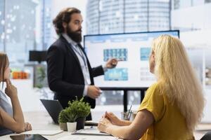 Financial advisor guiding clients in trading shares and making informed investment decisions. Broker using big screen to do presentation on buying, selling or holding stocks to optimize returns photo