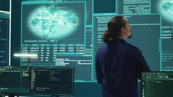 Governmental hackers at work planning advanced cyber attacks on servers infrastructure to gather intelligence, high tech spyware concept. Specialists hacking accounts for cyberwarfare. Camera A. photo