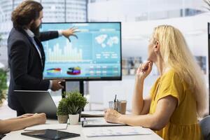 Financial adviser presents market analytics to customers using large display, emphasizing data driven decision making. Broker agent showing statistical graphs about stock exchange shares photo