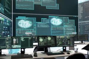 Empty governmental cyber defense and surveillance room equipped with cutting edge advanced technology. Ensuring safety from cyber attacks and digital threats with cyber security measures. photo