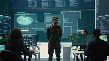 Government military hackers engaged in hybrid warfare strategies. Using sophisticated software and technology to secure information, prevent breaches and protect military operations. Camera B. photo