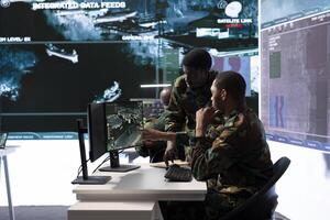 Team of military professionals in a control center monitors satellite intelligence, collecting real time information and transmitting details for a mission success. Help with decision making. photo