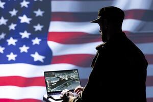 US Air Force agent using radar system on laptop to detect incoming ballistic missiles. American NATO army soldier scanning rockets approaching borders, deploying shields, United States flag photo