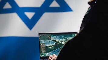 Israeli air defense early warning systems operator monitoring incoming enemy aerial attacks. Close up shot of Mossad agent maintaining air space superiority with radar, camera A photo