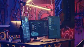 Computer screens with hacking script running in hidden underground HQ. PC monitors in neon lit empty warehouse used by hackers to escape from being arrested by law enforcement photo