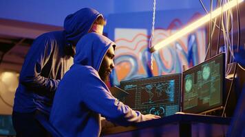 Hackers failing to infiltrate another country government security systems in international espionage effort. Secret agents attacking servers in digital warfare, getting rejected by firewall photo