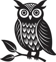an owl is sitting on a branch with leaves vector