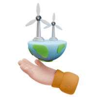 3D Render Icon Hand Holding Planet with Wind Turbine. Ecology Green Energy Environment Concept. 3D Illustration Design Web Mobile App png