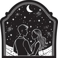 a man and woman are standing in front of a window with a night sky vector