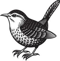 a black and white drawing of a wren vector