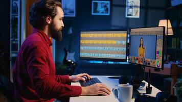 Photographer returning back to studio, resuming work on digital portfolio showcasing photoshoot edited images. Photo editor selecting best photographs while enjoying cup of coffee