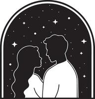 a man and woman are looking at each other in a window vector