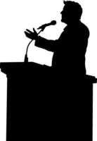 black silhouette of a speaker standing behind a podium and gesturing vector