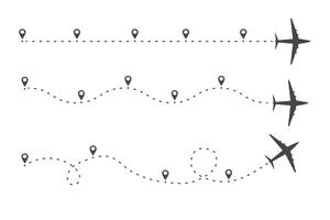 Plane timeine trail dashed line with pin. Infographic destination work process template. Airplane icons, roadmap infographic and travel path routes with location vector