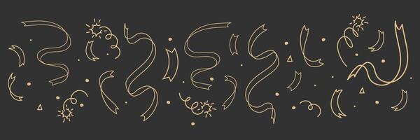 Confetti goden border doodle line drawing. Sketch burst with ribbon dots, firework explosion, firecracker. Celebration simple decor, party seamless holiday on dark background. vector