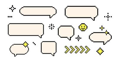 Set of pixel art cloud bubble quote box speech bubble dialog retro 8 bit arcade game interface, manga. Comic chat rectange pixel elements, arrow, star, heart. vector
