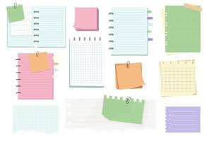 Memo notes, paper for note with clip, postit. Planner notebook page. Idea list. Post note sticker. Quote frame, reminder. vector