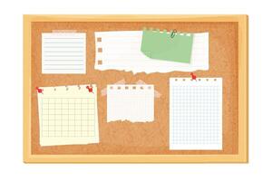 Sticky notes, paper reminder on corkboard with pin, tape. Postit, memo notes, idea or lists sheets. Organizer, wood frame. vector