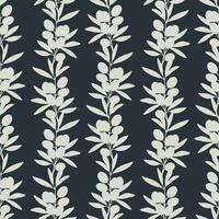 Olives vertical ornament silhouettes on dark background pattern, branch with fruits and leaves. vector