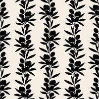 Olives vertical ornament silhouettes on beige background pattern, branch with fruits and leaves. vector