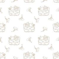 autumn pattern with chanterelles and basket of mushrooms, contour drawings of mushrooms on white background. vector