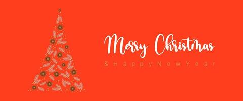 Merry Christmas and Happy New Year greeting red card or banner. Modern beautiful Christmas design with typography and Christmas tree pattern made of anise, twigs pine and berries. Minimal modern vector
