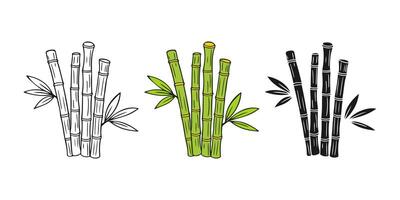 Set bamboo branches on a white background. Sticks with young bamboo shoots, doodle contour line art, silhouette and color illustration. vector