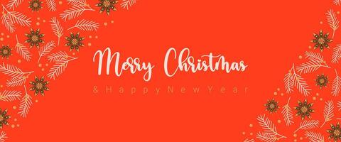 Merry Christmas and Happy New Year greeting red banner. Modern beautiful Christmas design with typography and Christmas attern made of anise, twigs pine and berries. vector