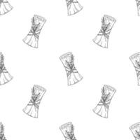 Pattern with Scroll with branch of rosemary tied with rope. Witchcraft, conspiracies, spells, halloween attribute, hand drawn doodle, scroll with torn edge texture. vector