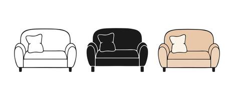 Sofas set of icons for the interior, handmade doodle drawing in different styles - contour art, silhouette and color drawing. Isolated on a white background. vector