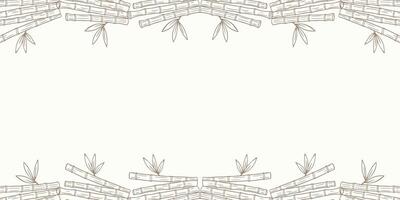 Bamboo contour frame, horizontal banner with brown sticks and leaf shoots, hand drawn bamboo doodles on beige background. vector