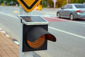 solar panel It is a source of electricity from solar energy. Used to generate electricity for traffic lights on crosswalks. soft and selective focus. photo