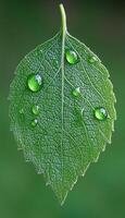 Dewdrops on a Green Leaf with Detailed Veins and Texture photo