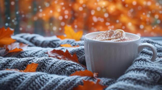 a cup of hot cocoa with a warm gray blue blanket and autumn leaves in the background. photo