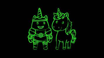 Neon frame effect,Happy Knight and Friendly Unicorn on black background video