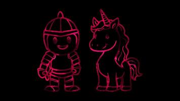 Neon frame effect,Happy Knight and Friendly Unicorn on black background video