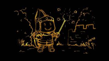 Neon frame effect,Happy Knight and Magic Wand in a Castle on black background video
