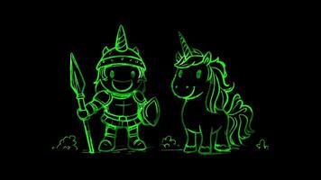 Neon frame effect,Happy Knight and Friendly Unicorn on black background video