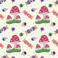 Seamless background with toadstools, eyes and candies on a light background. A background for decorating a Halloween party, banner, poster or postcard. Background with a Halloween pattern. vector