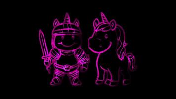 Neon frame effect,Happy Knight and Friendly Unicorn on black background video