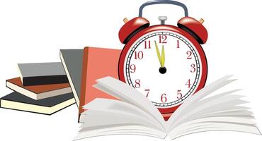 Red alarm clock ticking near open book and stack of books vector